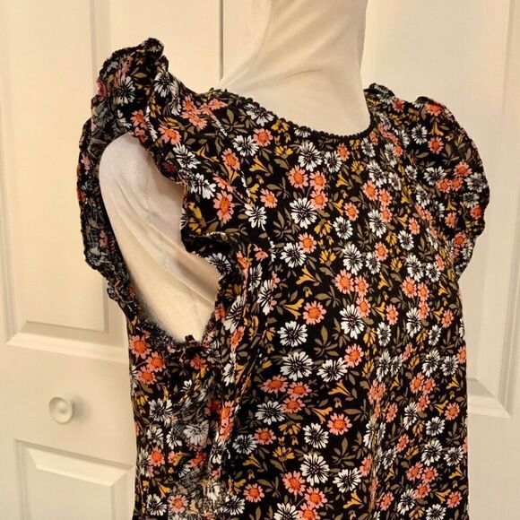 Loft Black Pink Floral Ruffle Trim Cotton Top Small - Picture 8 of 10